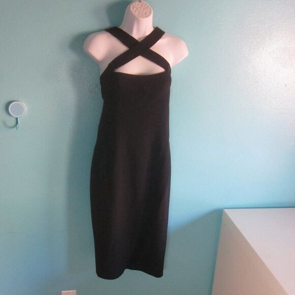 Narciso Rodriguez Black Cross Front Fitted Designer Cocktail Dress Size 40 US 2 - Picture 1 of 8